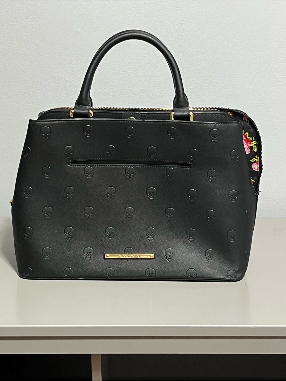 Betsey Johnson Black Embossed Skull Satchel with Gold Accents